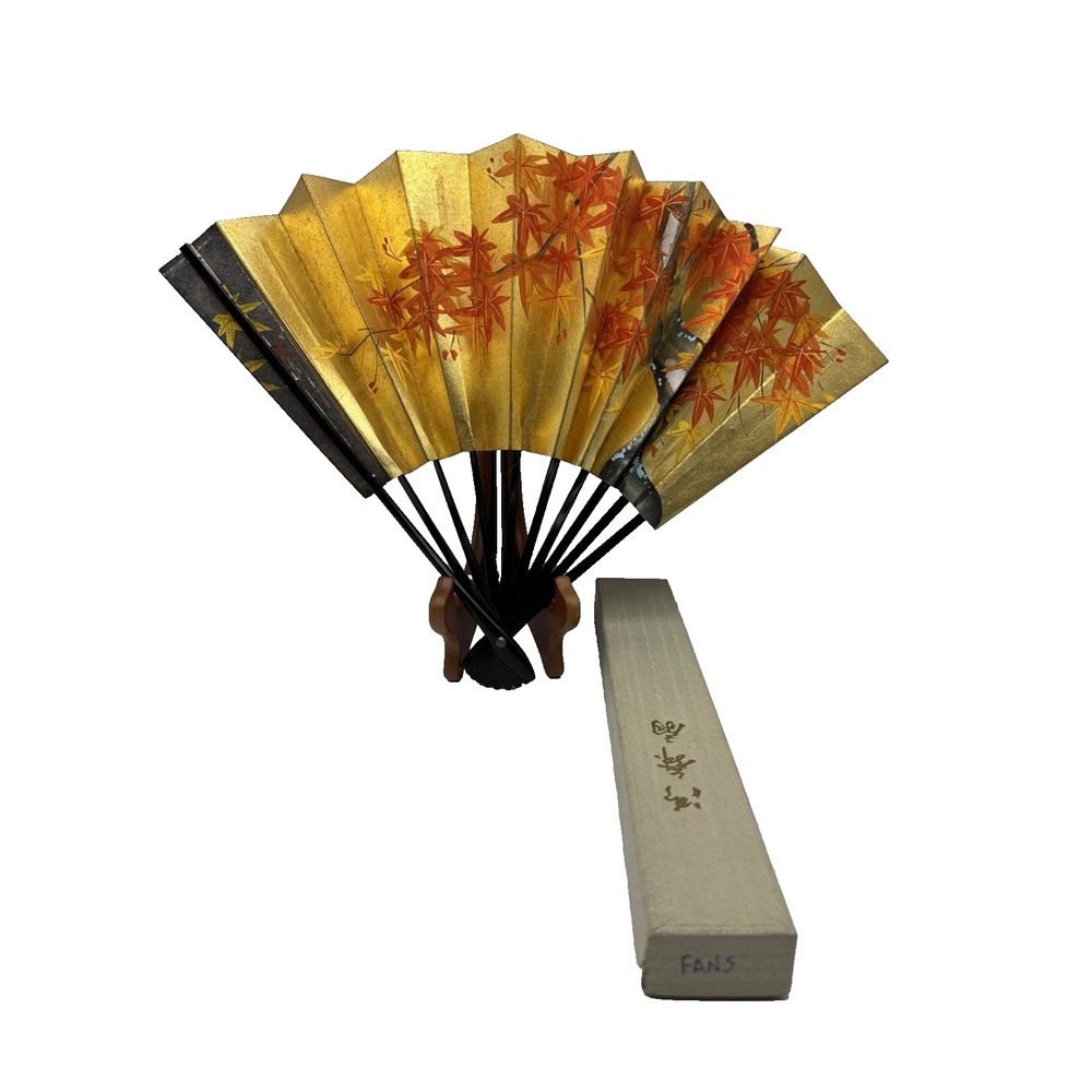 Sensu Japanese Bamboo fan Kyoto Handcraft Gold Camellia Maple Kinpaku Japan